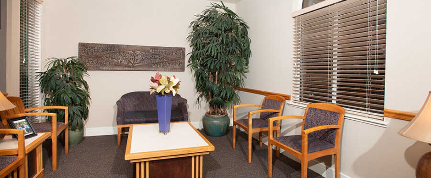 Several chairs and two ferns in reception area of dental implant office in Tampa