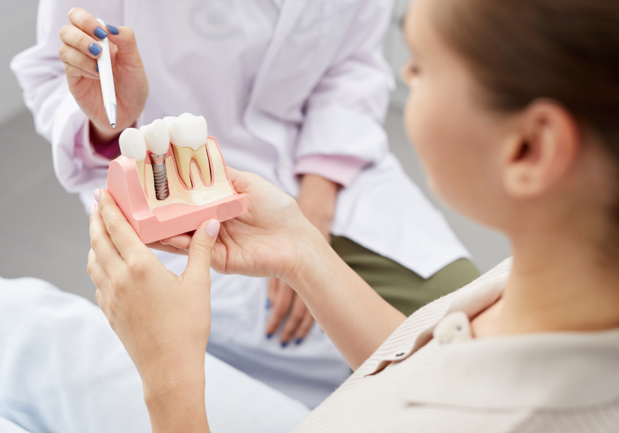 Dentist showing patient model dental implant