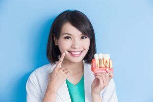 Dentist holding implant model and smiling.